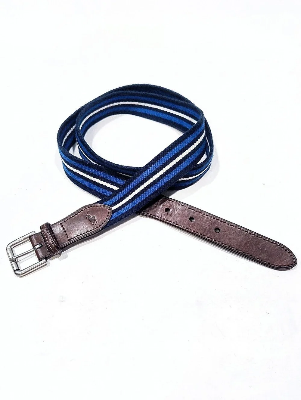 Vintage Polo Ralph Lauren RL67 Belt Mens 40 Navy Blue White Striped Leather